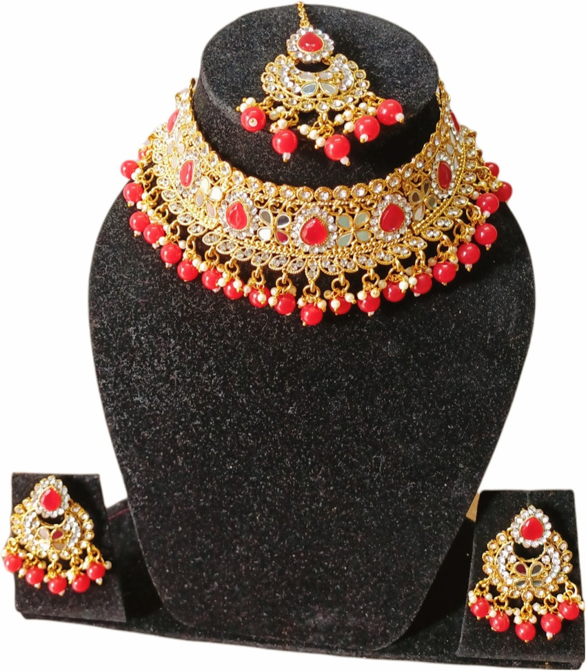 ManRaGini Jewels MRG Brass Metal Red Gold White Jewellery Set
