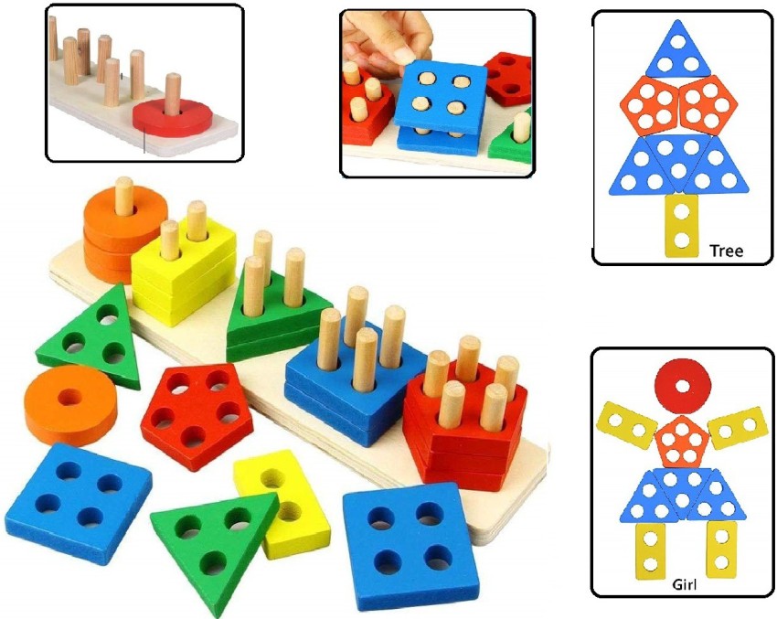  QBDIANGEN 2-in-1 Wooden Colors Shapes Sorting Matching