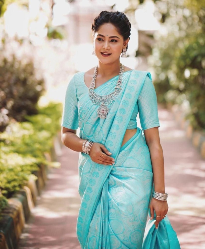 Buy PITHAVADIWALA Printed, Woven, Solid/Plain Dharmavaram Jacquard, Pure  Silk Light Blue Sarees Online @ Best Price In India