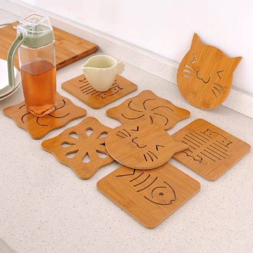 4pcs Wooden Cartoon Design Heat-resistant Coasters, Pot Holders