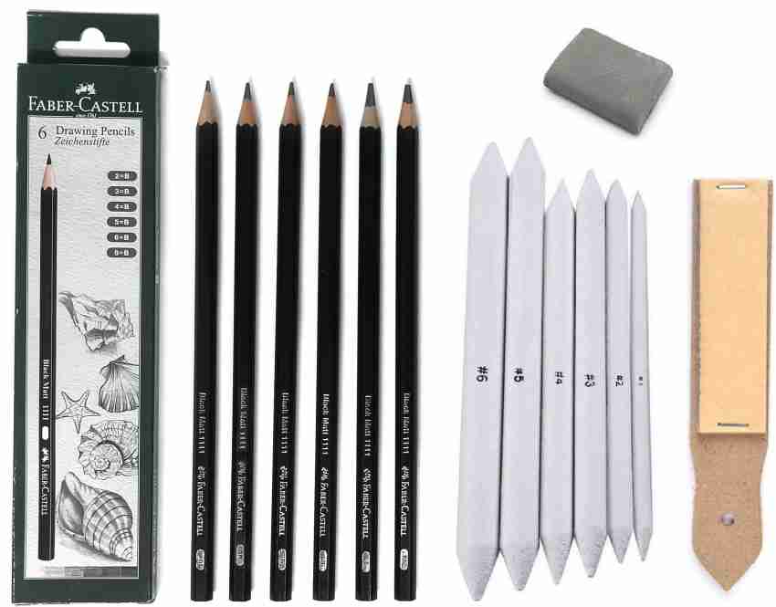 Definite Art FABER CASTELL Drawing Graded Pencils - 2B, 3B,  4B, 5B, 6B and 8B (Pack of 6) + Blending/Smudging Stumps Set of 6 (Size 1  to 6) + Sand