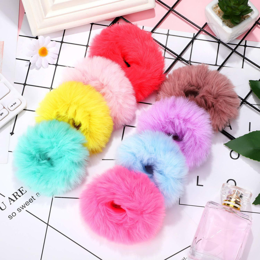 Fameza 12 Fur Hair Scrunchies Pompom Ball Elastic Hair Band Fluffy