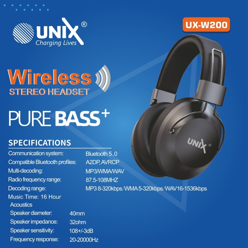 Unix Pure Bass Wireless Stereo Headset 16 Hours Playtime