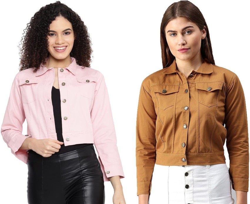 Buy Official Solids Peach Women Denim Jacket Online