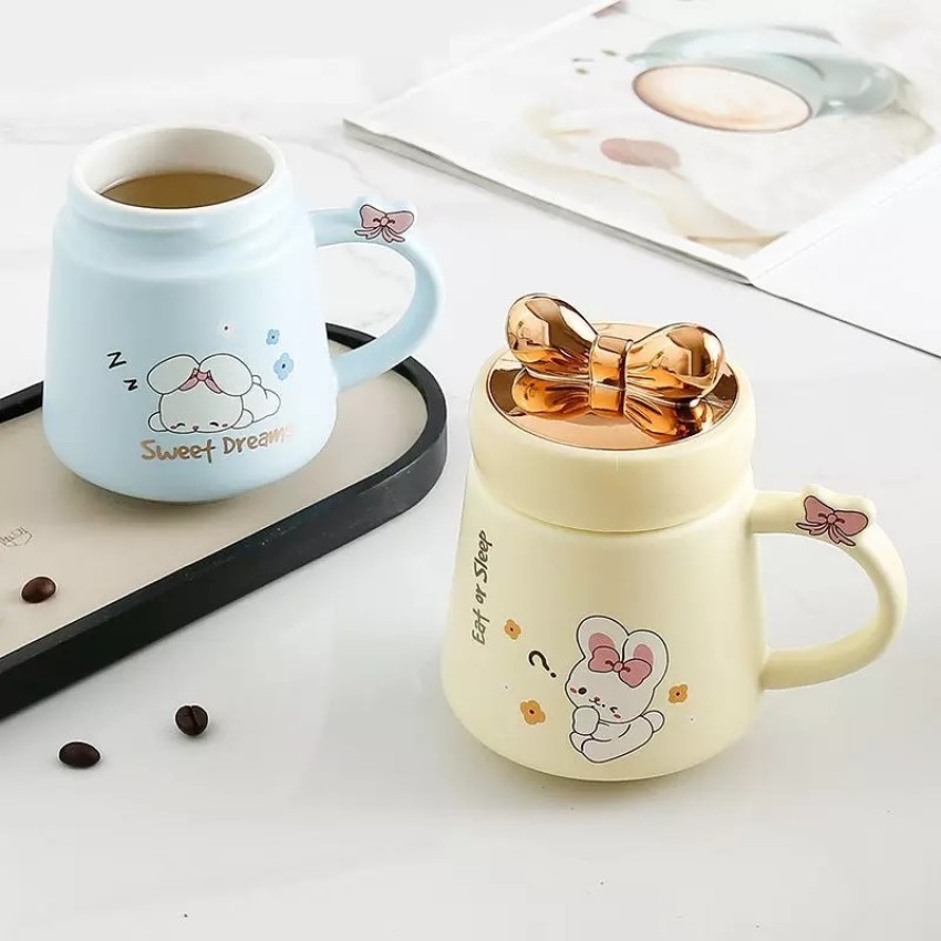 Avastro Creative Ceramic Cup with Bow Lid Cute Cartoon Rabbit Water Cup  Milk Cup Couple Coffee Cup Home Christmas Gift Fall Kawaii (Pack of 2) Ceramic  Coffee Mug Price in India 