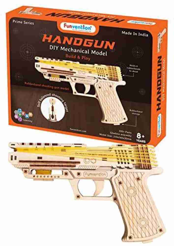 FUNVENTION Handgun - DIY Functional Mechanical Model STEM 3D Puzzle Lerning  Kit Collectible Building Kit with rubberband Shooting & Storage - Handgun -  DIY Functional Mechanical Model STEM 3D Puzzle Lerning Kit