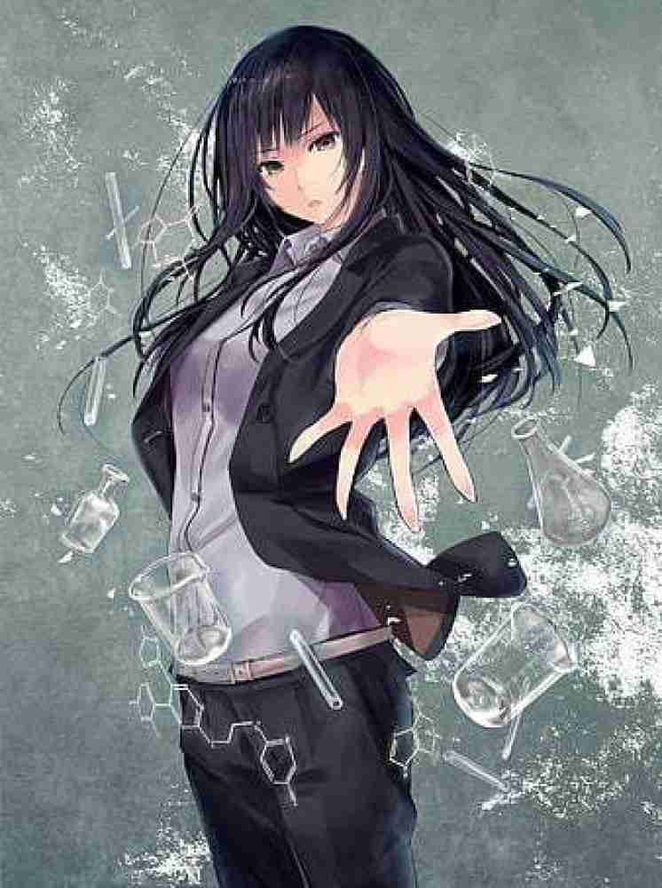 Anime girl with black hair and store black eyes