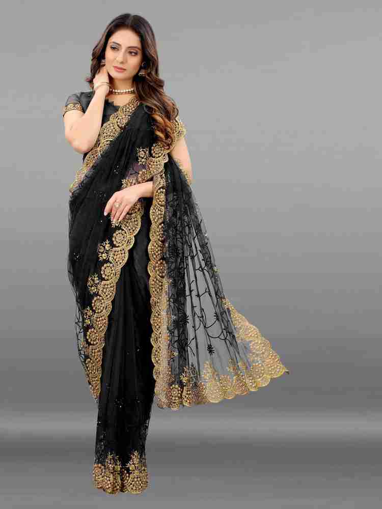 Black net saree with golden border best sale