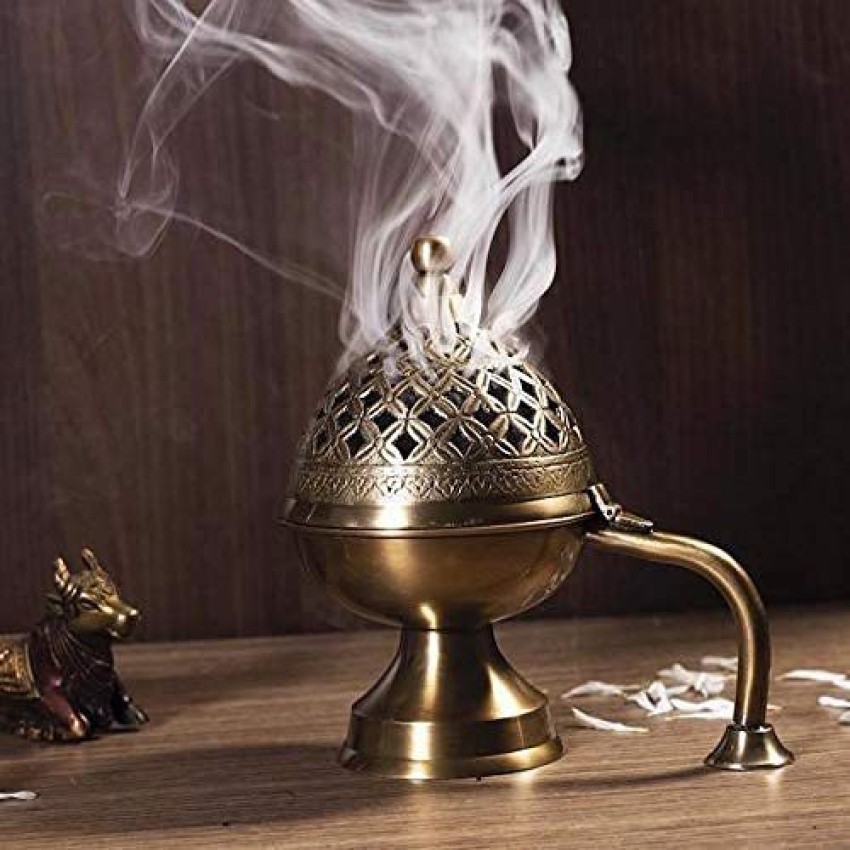 Brass Pooja Set of 9 Pcs Plate Bell Incense Holder Panchamrat Glass Spoon  Dhoop Burner Camphor Holder Kalash Diya -  Hong Kong