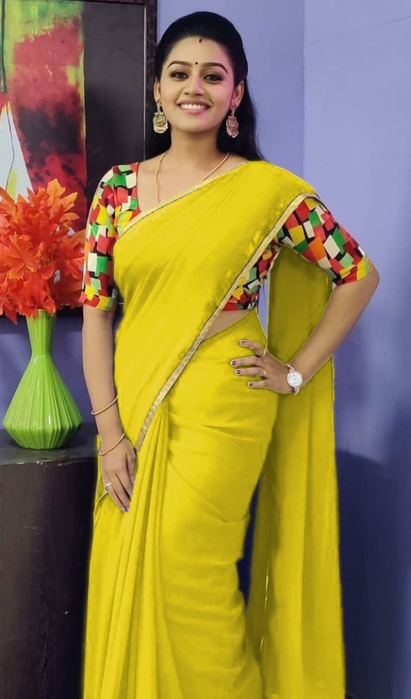 Buy Sareez House Solid/Plain Daily Wear Georgette Yellow Sarees