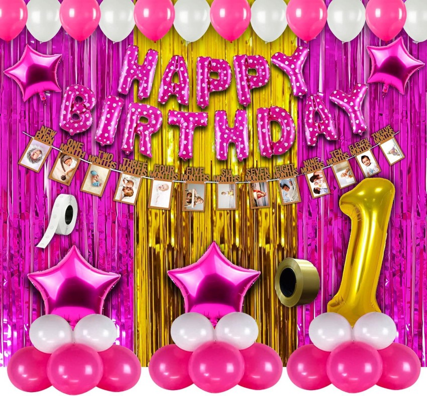 Party Propz 1st Birthday Decorations Kit For Baby Girl Combo 63Pcs for Baby  Girl 1st Bday Decor/Photo Booth Backdrop Decoration materials/1st Birth Day  Party Décor/Stylish Latest Pink White Birthday Set Price in