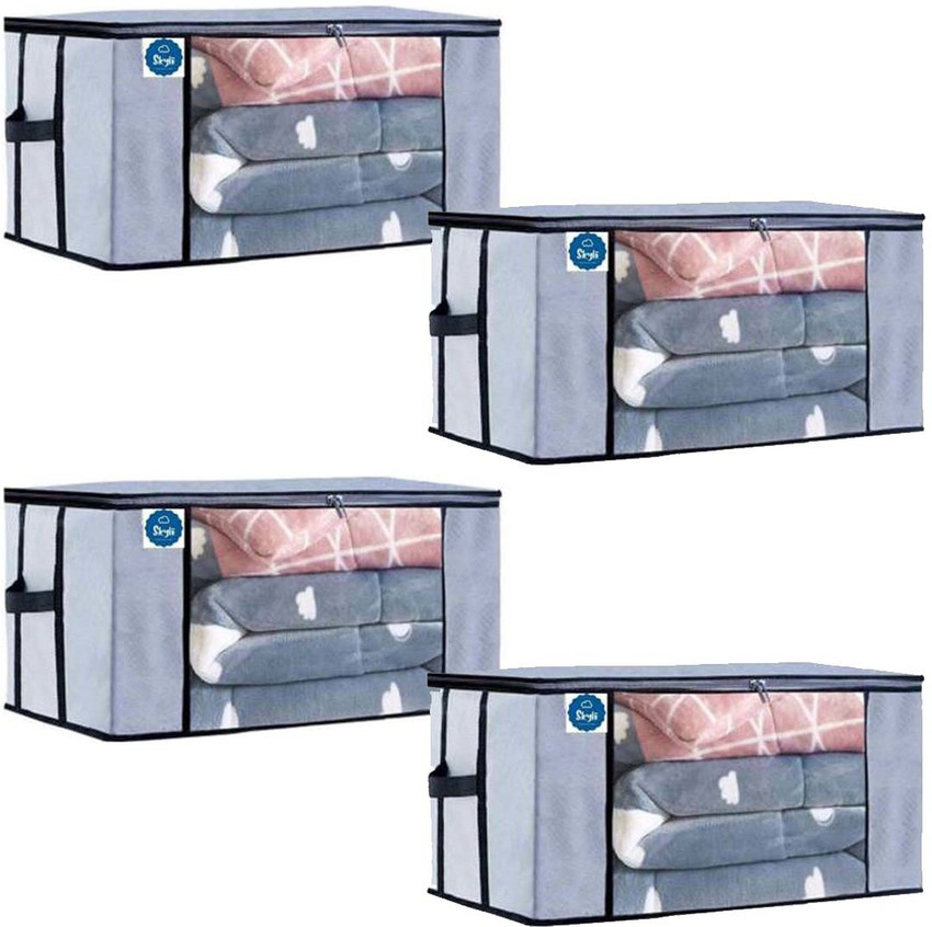 Skylii Underbed Storage Bag Side Handles 4 Storage Organizer Blanket Storage Bag for Wardrobe Organizer Blanket Cover with a large Transparent Window and Side Handles Pack of 4 Grey Price in India