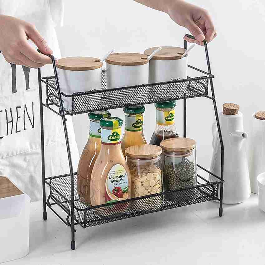 Harvic Utensil Kitchen Rack Carbon Steel Kitchen 2 Tier Metal Space Saving Folding Standing Storage Rack for Spice Jar Herbs Oil Can Bottle Bathroom Cosmetic Organizer for Cabinet Countertop Storage S...