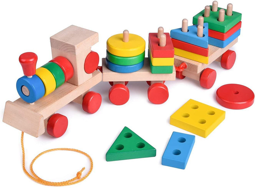 Whiz Kids Wooden Train Toddler Toys 4 Shape Sorter and Stacking