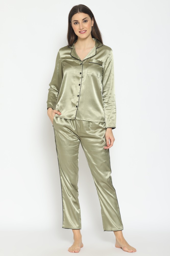 PRETTY LOVING THING Women Solid Green Shirt Pyjama set Price in