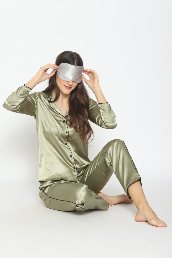 PRETTY LOVING THING Women Solid Green Shirt Pyjama set Price in