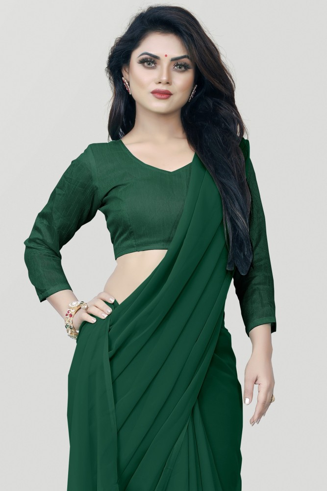 Buy online Women's Solid Dark Green Colored Saree With Blouse from ethnic  wear for Women by Sidhidata Textile for ₹479 at 84% off