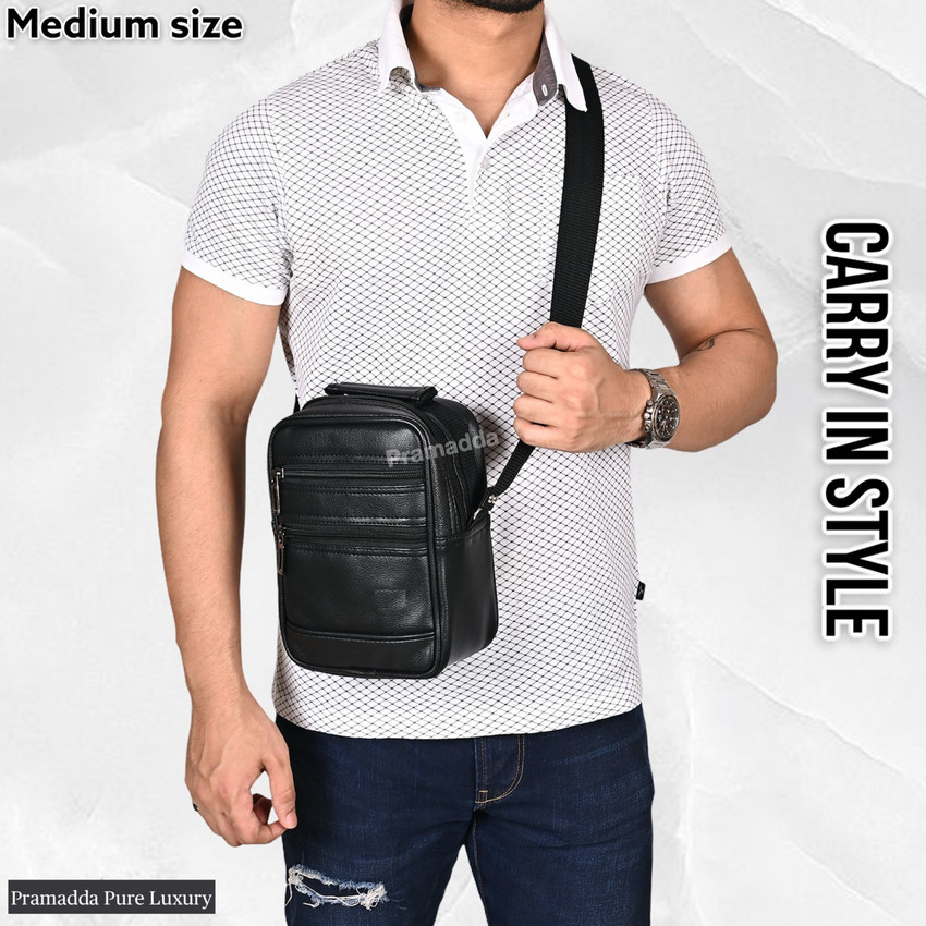 Pramadda Pure Luxury Black Sling Bag Traveller leather Sling Bag for men shoulder messenger side bags for men travel rakhi gift for brother special gifts for men employee gift