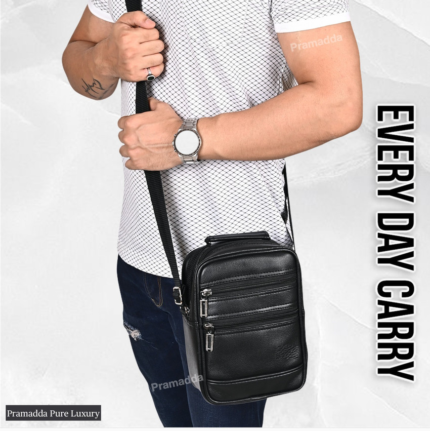 Pramadda Pure Luxury Black Sling Bag 9 inch Small Leather Sling Bag for Men Women Mobile Messenger Side Bag Sling Bag for men Travel Leather Business Travel Crossbody Side