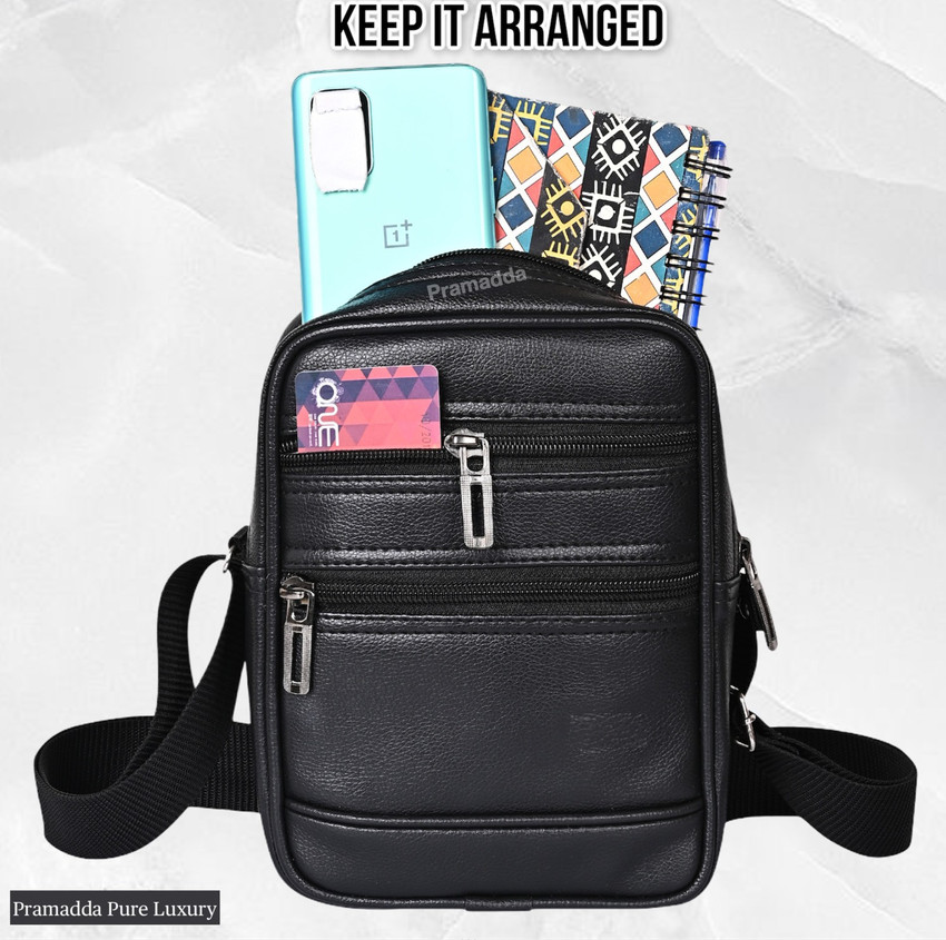 Pramadda Pure Luxury Black Sling Bag 9 inch Small Leather Sling Bag for Men Women Mobile Messenger Side Bag Sling Bag for men Travel Leather Business Travel Crossbody Side