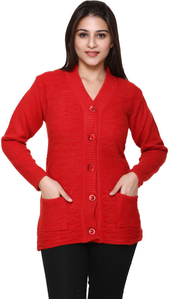 WOOL 4U Self Design V Neck Casual Women Red Sweater Buy WOOL 4U