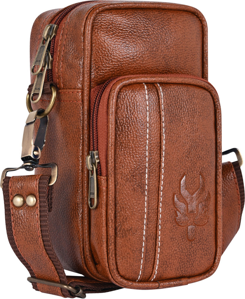 Lappee Tan Sling Bag Classic Mobile Vegan Leather Sling Bag for