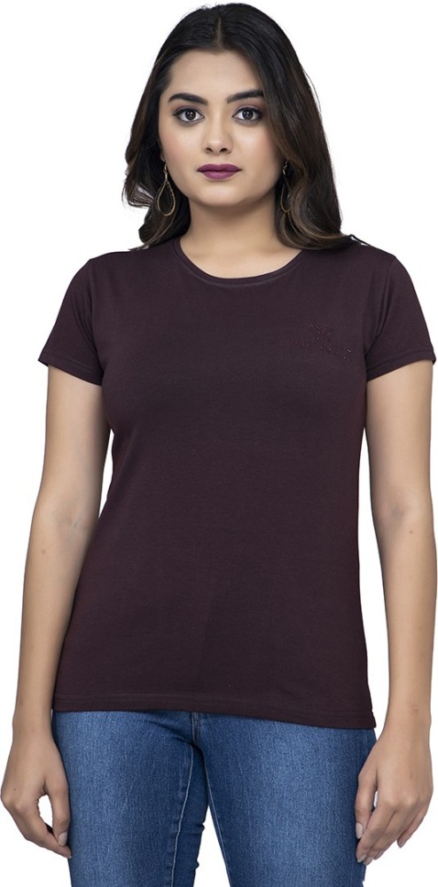 ONECENTRE Solid Women Round Neck Brown T-Shirt - Buy ONECENTRE Solid Women  Round Neck Brown T-Shirt Online at Best Prices in India