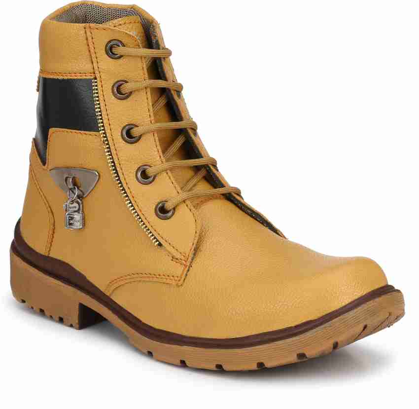 Shoe Island Leather Beige Tough Lace Up Military High Ankle Length