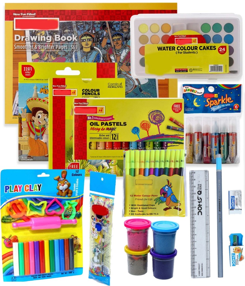 Hobby Bag for Kids Painting Set Colours Set, Drawing Kit, Stationery Kit, Best for Gifting, Oil Pastel, Wax Crayon, Activity Set For Kids, Assorted Items