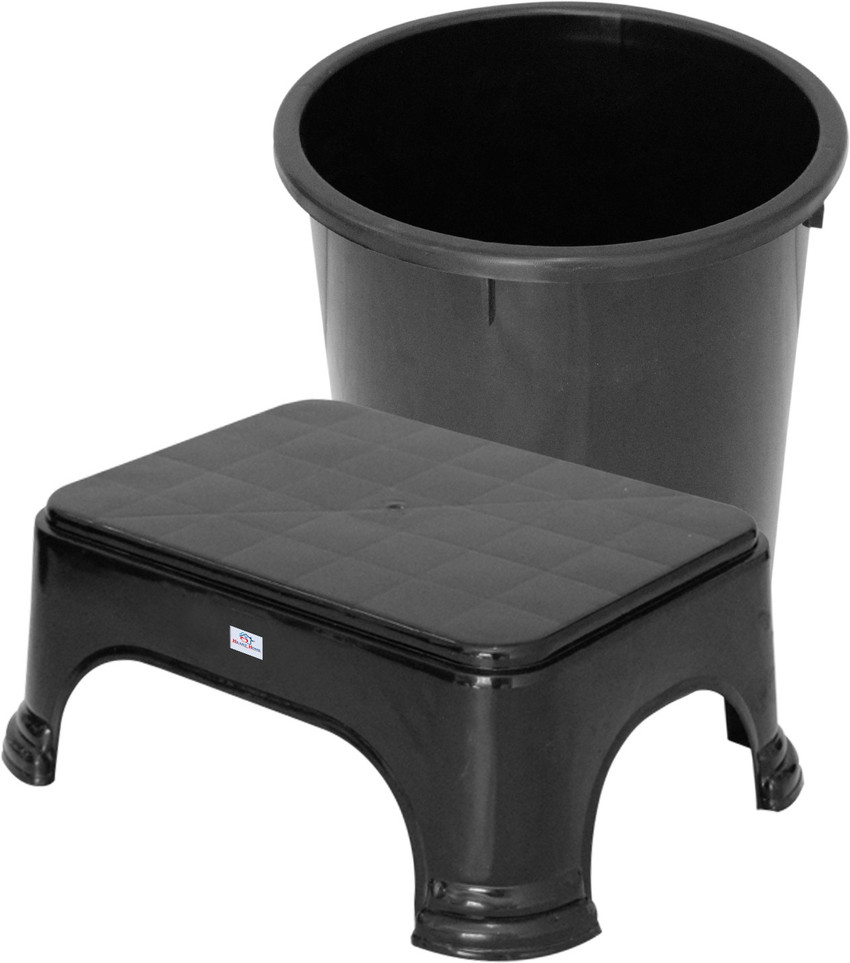 Heart Home 2 Pieces Plastic Bathroom Dustbin Stool Set Black 1