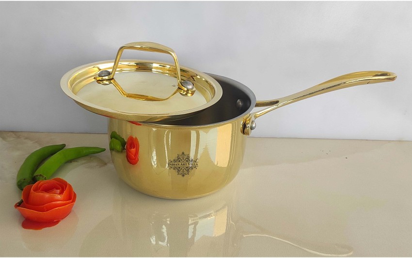 IndianArtVilla Pure Brass with tin Lining & Gold Finish Kadhai/Wok With Lid  & Handle On Both Side
