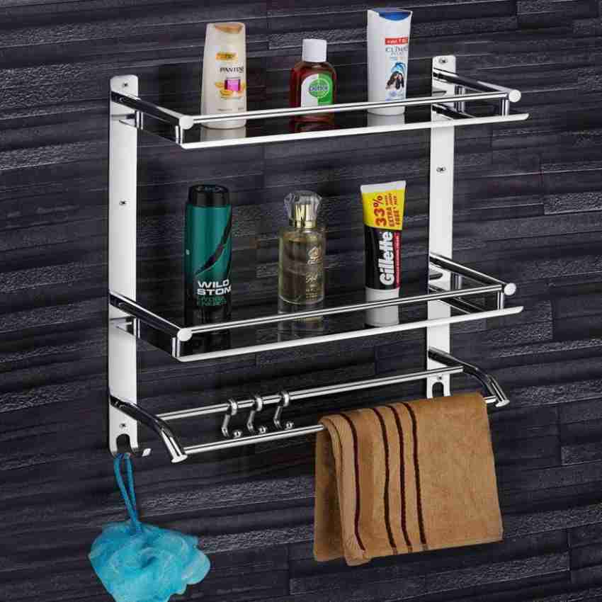 GRIVAN 3 Layer Multipurpose Bathroom Shelf with Double Soap Dish and  Tumbler Silver Towel Holder