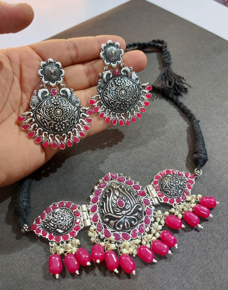 OOMPH earringsethnic  Buy OOMPH Oxidised Silver Tone Pink Opal Beads  Large Jhumka Earrings Online  Nykaa Fashion