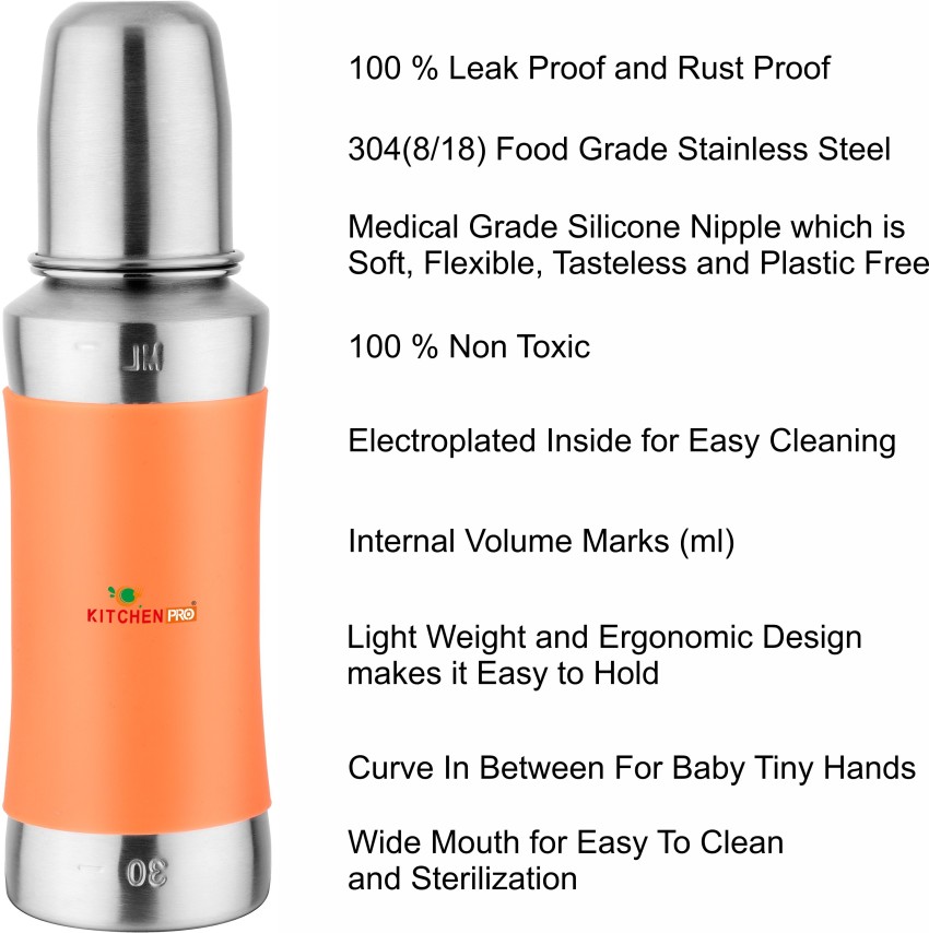 Stainless Steel Baby Feeding Bottle with Internal ML Marking, Silicon Grip  240ml