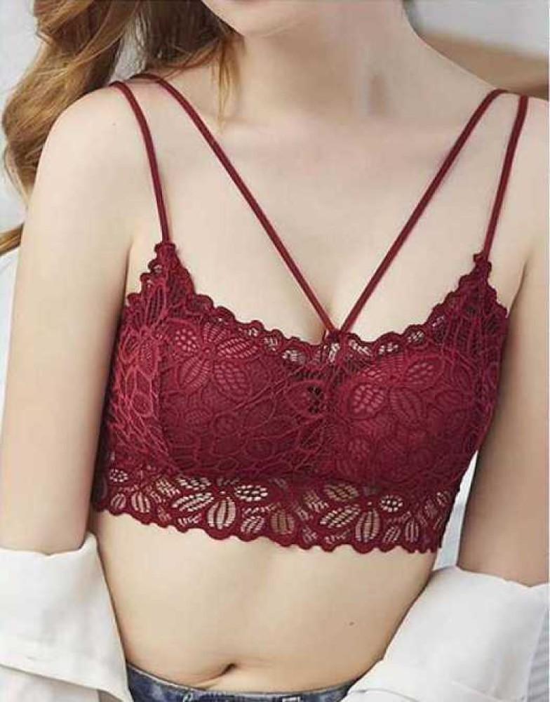 Bright red padded bralette bra with lace and designer back - La Amara
