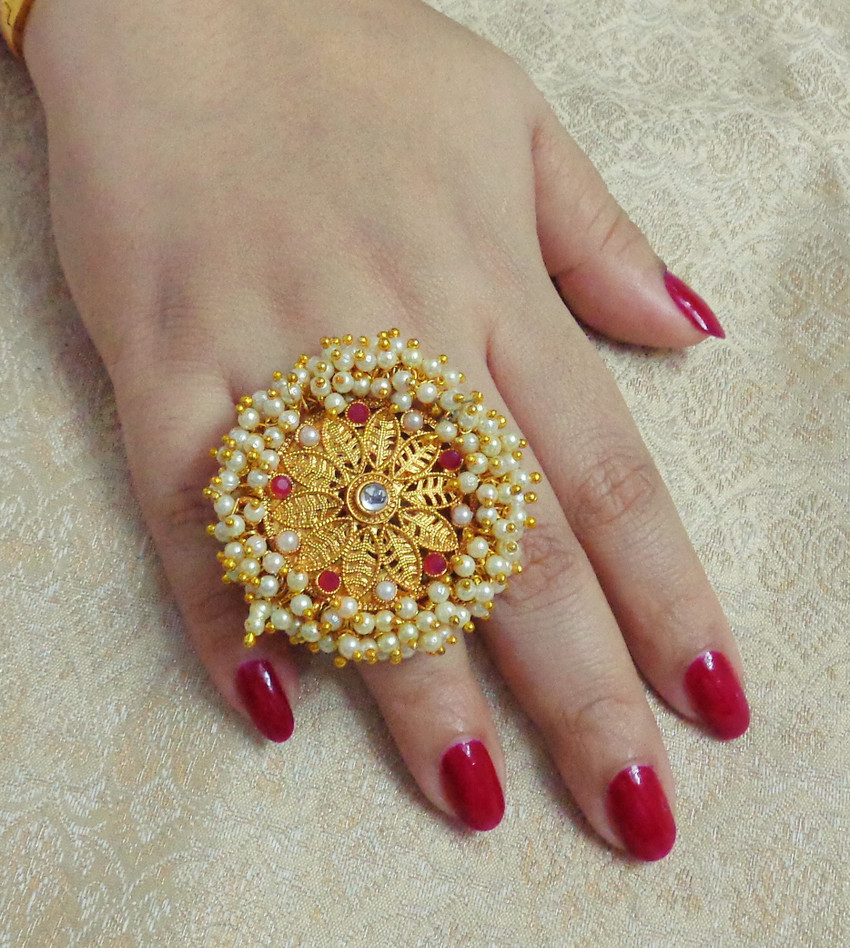 LALSO Designer Big Size Pearl Bandhani Work Finger Ring Alloy Gold