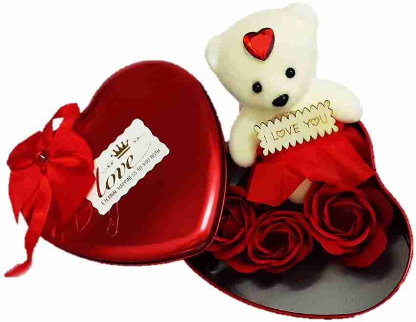 Heart Shape Metal Gift Box with Teddy & 3 Artificial Red Rose  Flowers/Beautiful Valentine Gift for Boyfriend, Girlfriend, Wife, Love  Couple Valentine