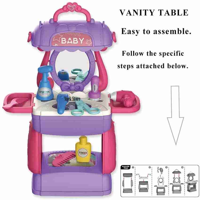 NIJEK STORE Portable Suitcase Design 3 in 1 Mobile Hair Salon Set Pretend Play Multi Function Make up kit Beauty Dresser Set Toy with Accessories for Kids Girls and Boys Portable