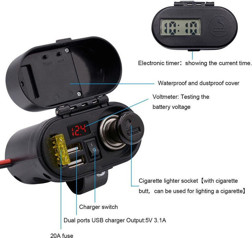 acube mart Motorcycle 12V Cigarette Lighter Dual USB Quick Charger