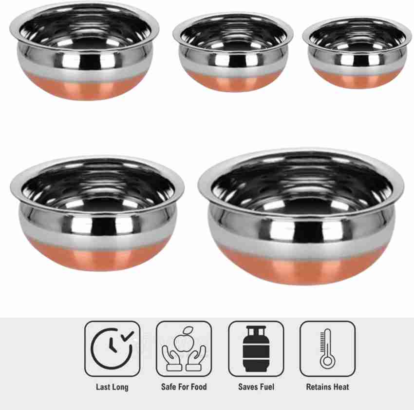 Stainless Steel Copper Bottom Kitchen Serving, Cooking Bowl Handi Set  5-pieces Biryani Handi 