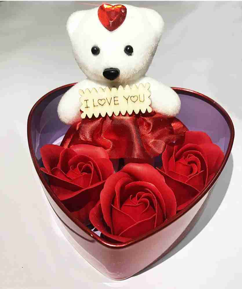 Heart Shape Metal Gift Box with Teddy & 3 Artificial Red Rose  Flowers/Beautiful Valentine Gift for Boyfriend, Girlfriend, Wife, Love  Couple Valentine