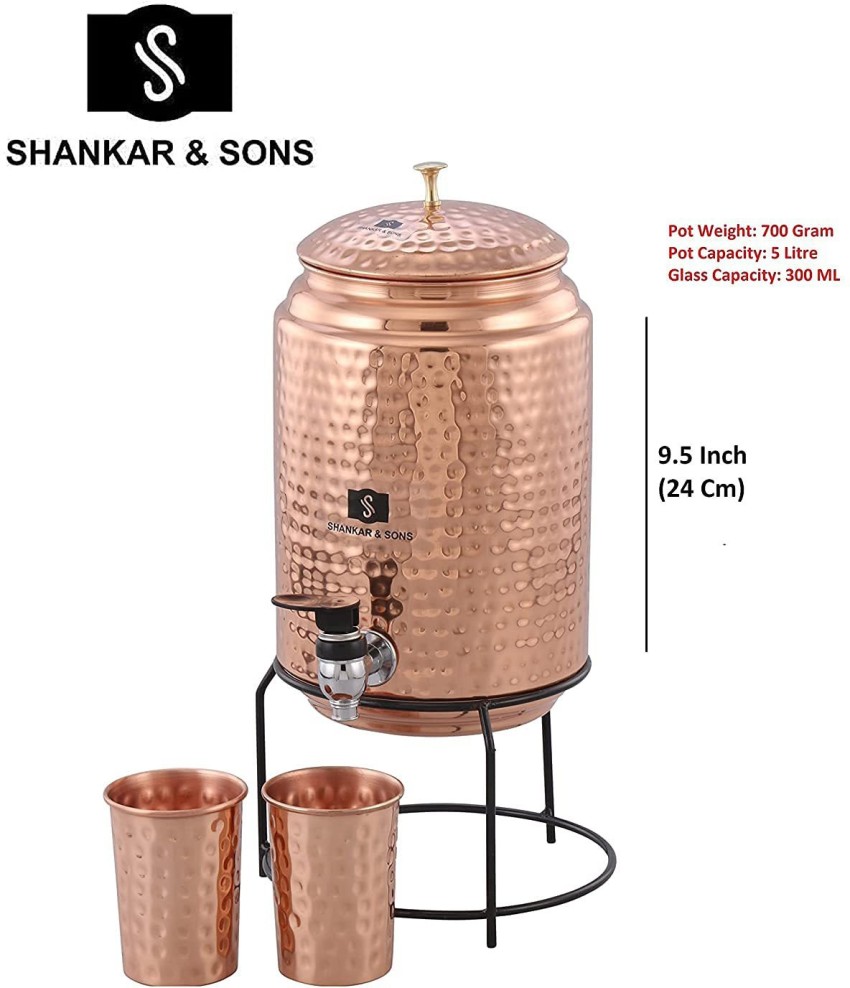 Copper Portal 5 Litre Hammered Copper Water Dispenser Container Pot With 2  Glass 300ml and Stand 5000 Ml Bottle 700 ML 