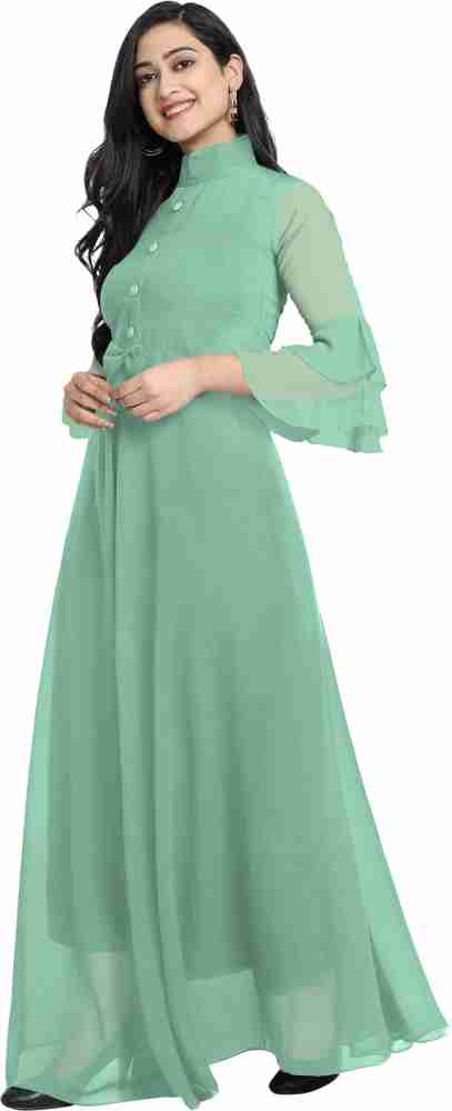 Buy HOUSE OF PAAVAY Leafy Green Pink Georgette Maxi Dress Colour - Green, S  at