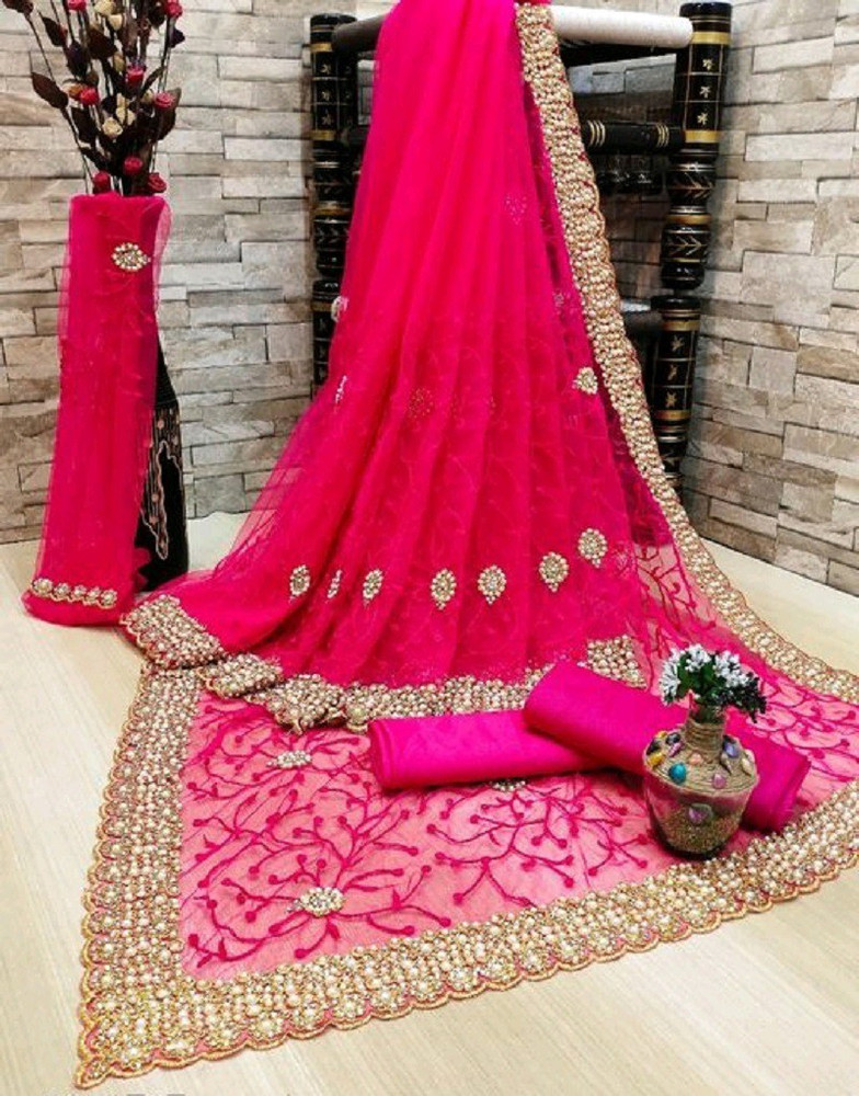 Buy KNinety Self Design Temple Border Embroidered Embellished Bollywood Net Pink Sarees Online Best Price In India Flipkart