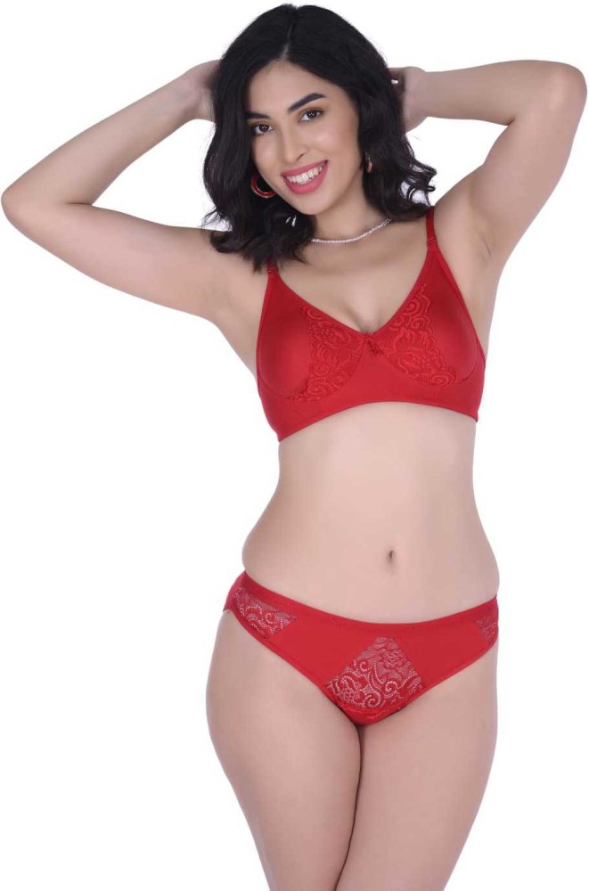 Women Lycra Bra Panty Set Self Design Red Lingerie Set Pack Of 1  /