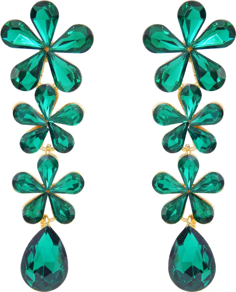 Gold Plated Green Stone Dangle Earrings