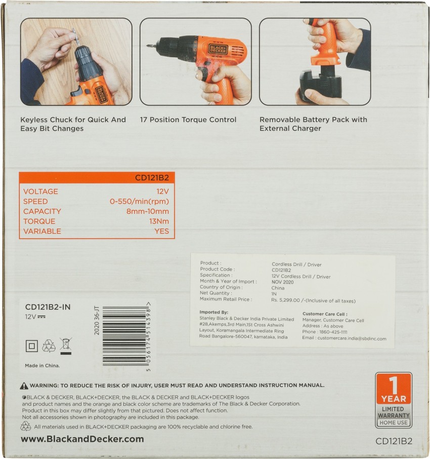 Buy Black and Decker Cordless Drill 12 V (CD121K50-IN) Online at Best  Prices in India - JioMart.