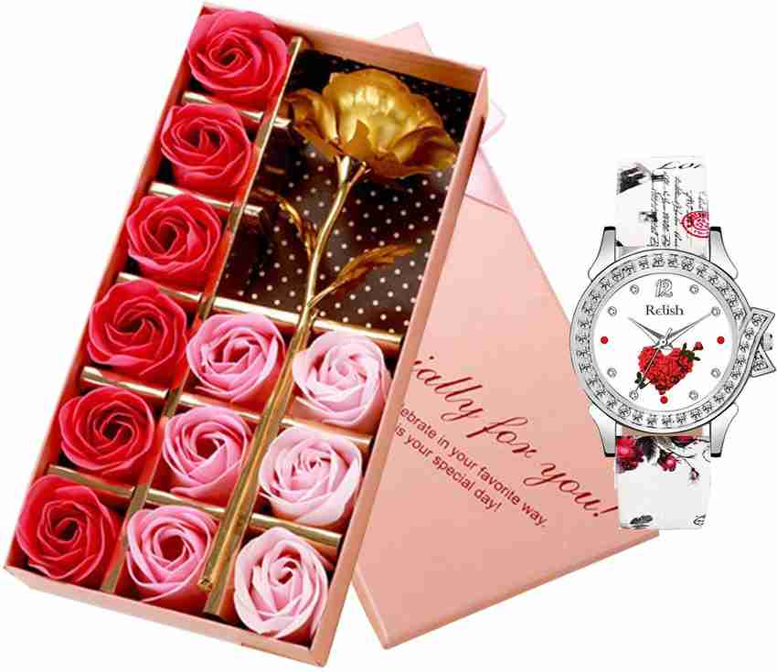 Relish Valentine Day Wrist Watch with Rose Golden Flower Gift Box