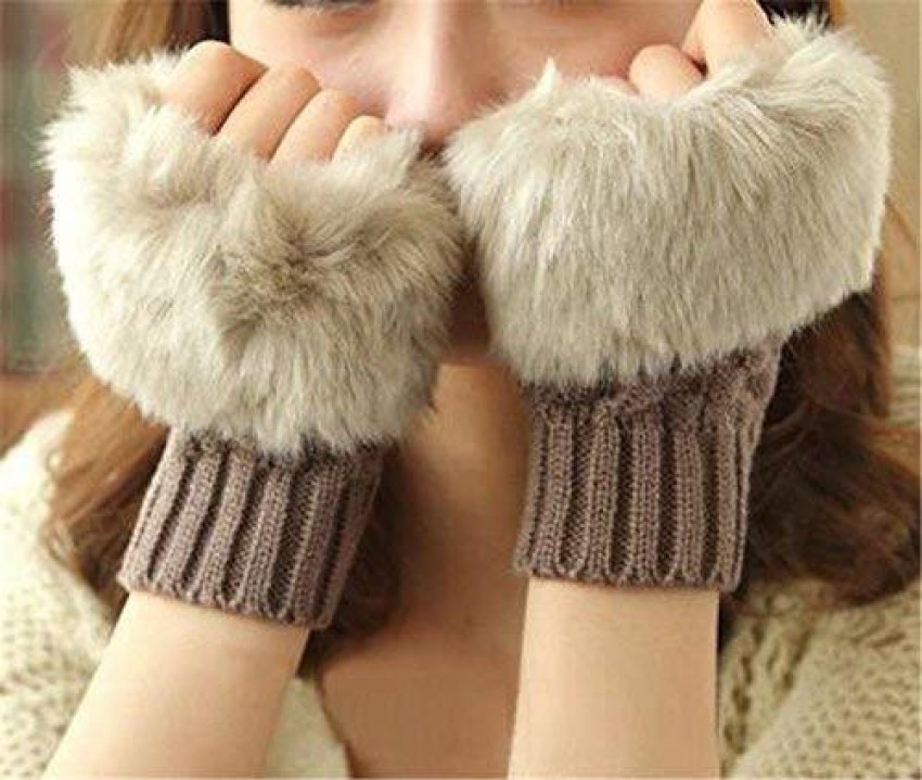 malvina Leather Fur Winter Warm and Comfortable Fingerless Gloves
