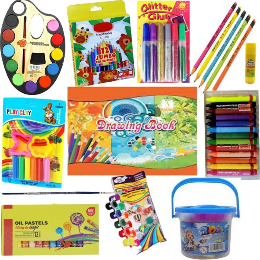  anjanaware Colour Fun Combo Kit, Assorted Items, Gifting  Kit, Drawing Book, Wax Crayons, Pencil, Eraser, Sharpner, Tempera  Colors